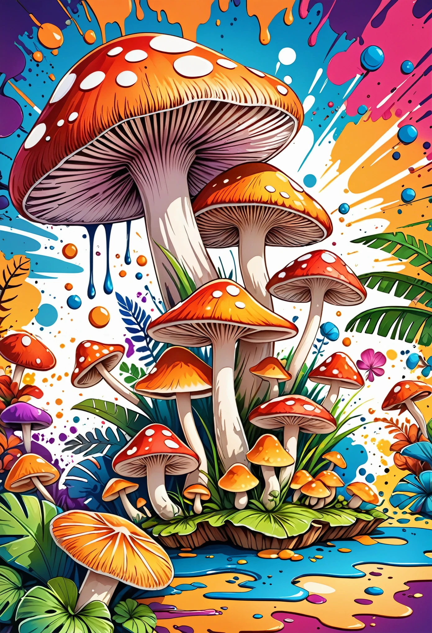 Vector Art, Colorful illustration with mushrooms, In the center, Vibrant colors, Paint splatters and stains, High Detail,Hawaiian style background
