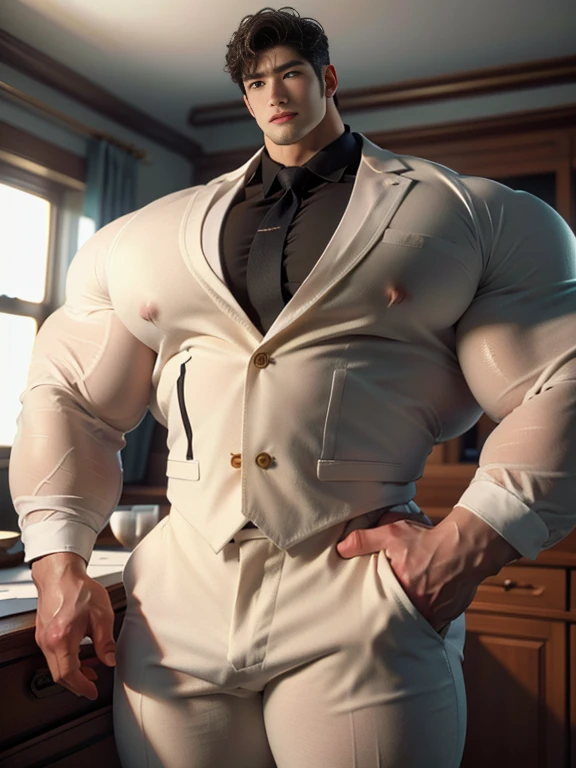 (best quality:1.5, hyperrealistic:1.5, photorealistic:1.4, madly detailed CG unity 8k wallpaper:1.5, masterpiece:1.3, enthusiastically detailed photo:1.2), (hyper-realistic lifelike texture:1.4), highly detailed, ((masterpiece, best quality)), retouched, extremely detailed 8K wallpaper, 1 korean male, (korean man with k-pop idol look), 20yo, looking at viewer, handsome, big guy, hyper muscle, giant muscular bodybuilder, bulk, massive body, large size, posing, stubble, firm, wearing formal suit & pants, photo real, illuminating light, indoor, decorated room with plants