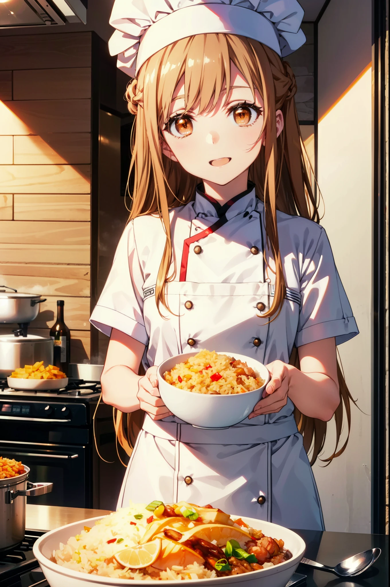 is Ayuki of the Sun, Sun and Yuki, Long Hair, Brown Hair, (Brown eyes:1.8),Medium Chest,happy smile, smile, Open your mouth,chef uniform, chef hat, chef, Zend 4y4, cooking, Chinese pan, fire, fried rice, Stove, フレームから足が外れている
break indoors, kitchen,
break looking at viewer, (Cowboy Shot:1.5),
break (masterpiece:1.2), highest quality, High resolution, unity 8k wallpaper, (shape:0.8), (Beautiful details:1.6), Highly detailed face, Perfect lighting, Highly detailed CG, (Perfect hands, Perfect Anatomy),