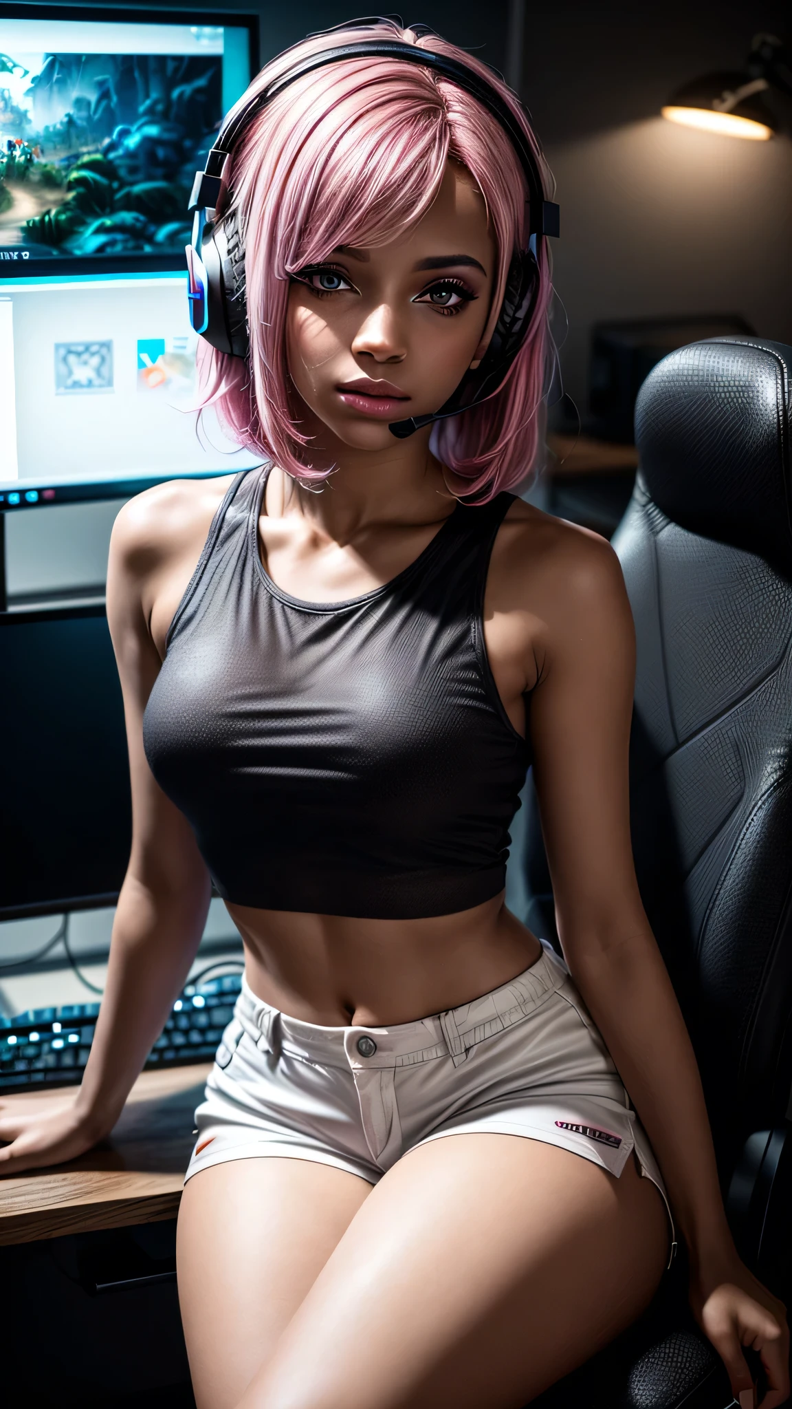 ((Masterpiece, (([african:european:0.8])))), ((highest resolution)), a beautiful 25 year old gamer girl, (((skin texture))), ((natural skin)), (pink hair), (high detail low cut black tank top), (white cloth shorts), sitting at computer desk, gaming, headset, rgb lighting, photorealistic, rimlighting, professional photography, makeup:1.3, bokeh