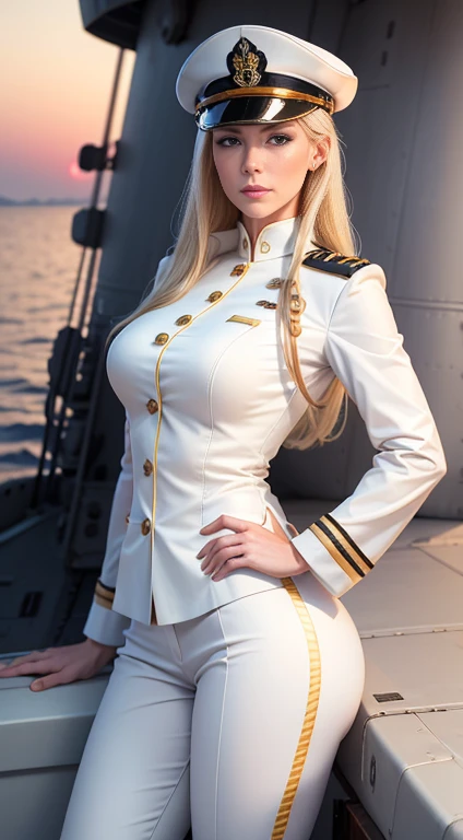 (8k,Photorealistic　Raw photo　highest quality;1.4) 　(1 mature female)　Super Beauty　(A vivid face)　Blonde woman in white uniform posing on a warship,　Woman in white military uniform　White military pants　Naval officer　Beautiful expression　Realistic Skin　超A high resolution　Precision in the details　Warship deck　sunset