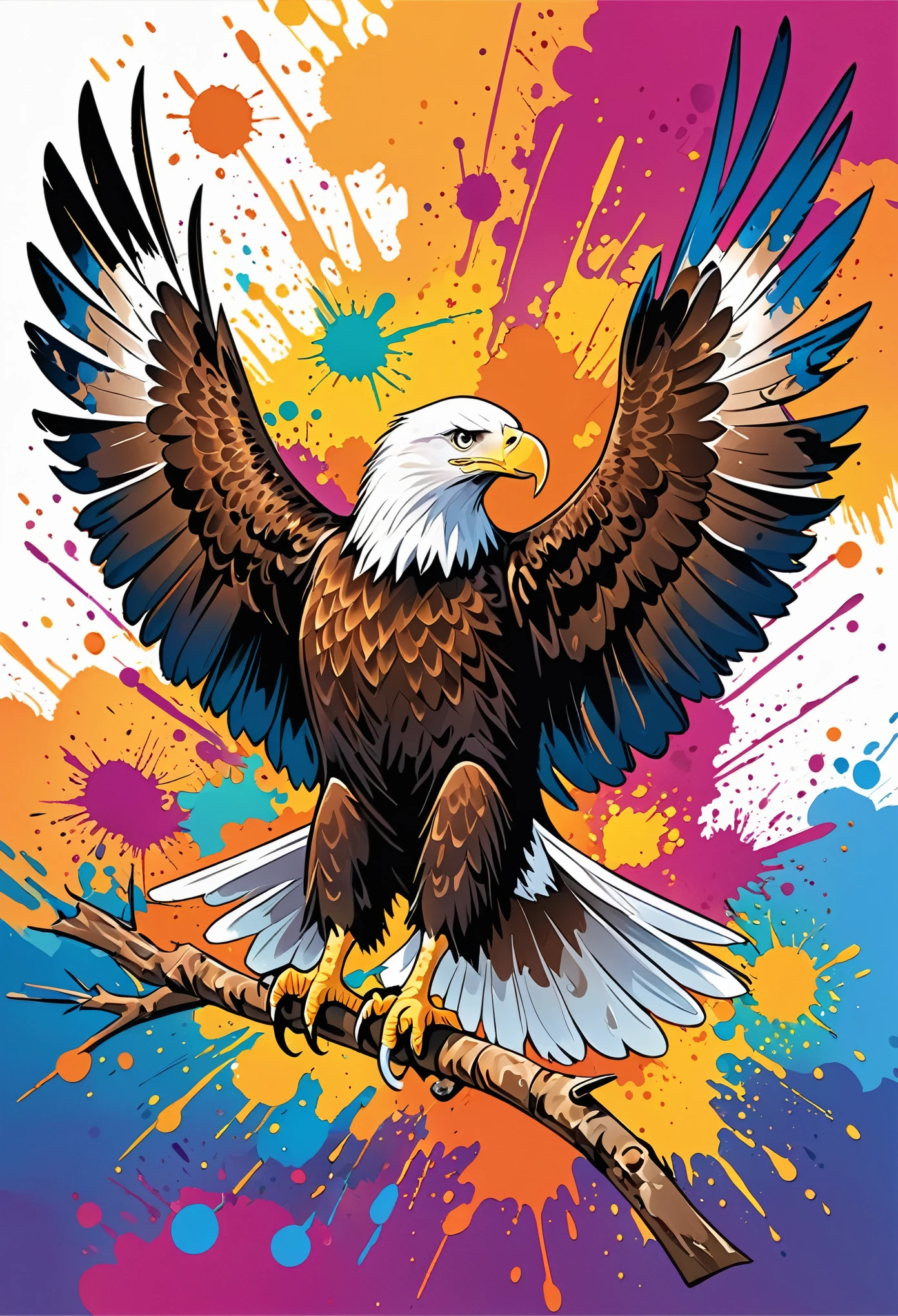 Vector Art, Color illustration with bald eagle, In the center, Vibrant colors, Paint splatters and stains, High Detail,Hawaiian style background