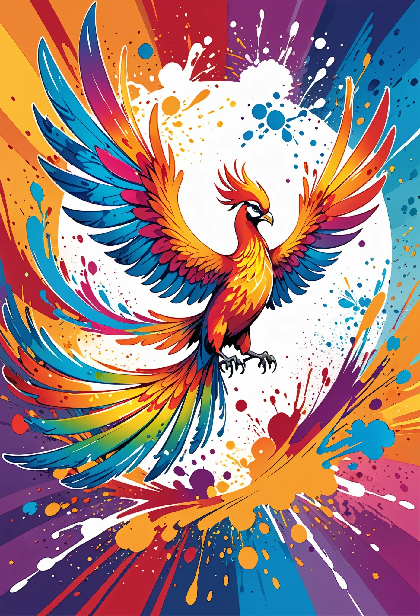 Vector Art, With colorful illustration of Phoenix, In the center, Vibrant colors, Paint splatters and stains, High Detail,Hawaiian style background
