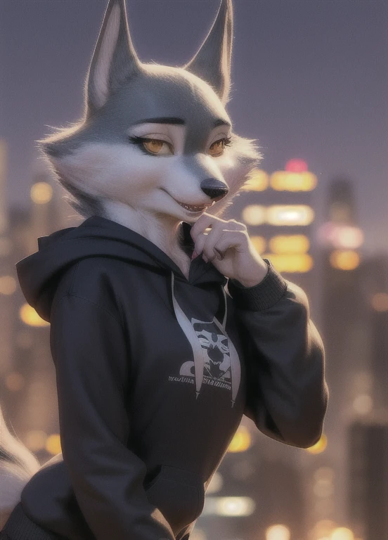 porshacrystal, furry female anthro, wolf girl, portrait, close-up,  (hoodie:1.2),  fur trim, solo, (body fur:1.2), (best quality), (detailed urban night background:1.2), dramatic lighting, (detailed fluffy fur:1.1), looking at viewer, 