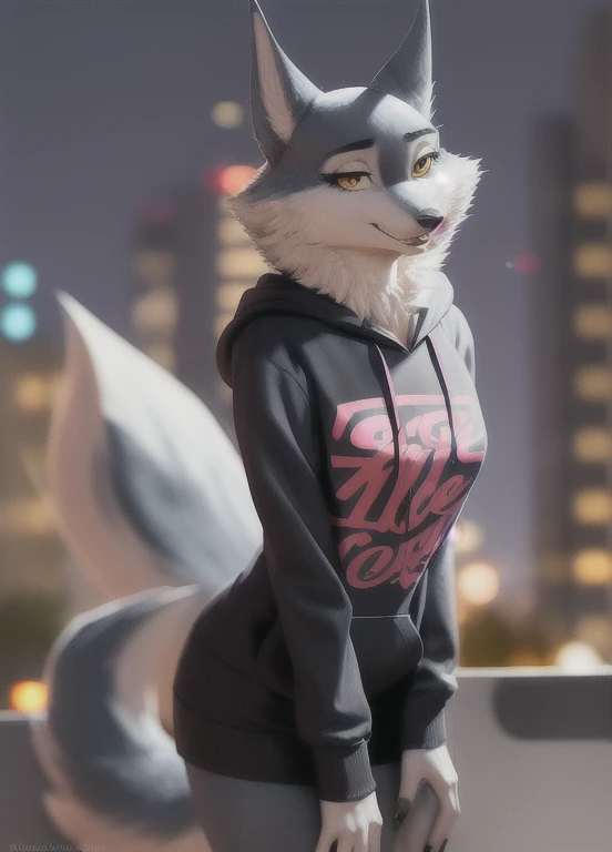 porshacrystal, furry female anthro, wolf girl, portrait, close-up,  (hoodie:1.2),  fur trim, solo, (body fur:1.2), (best quality), (detailed urban night background:1.2), dramatic lighting, (detailed fluffy fur:1.1), looking at viewer, 