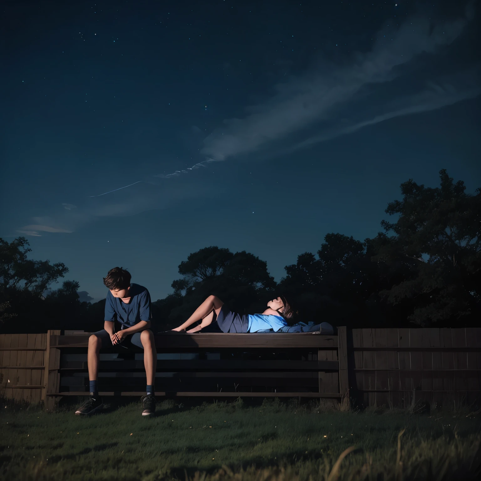 A night with the dark blued sky, a boy sitting on a fence and a girl lying down in the grass, both in a dark appearance