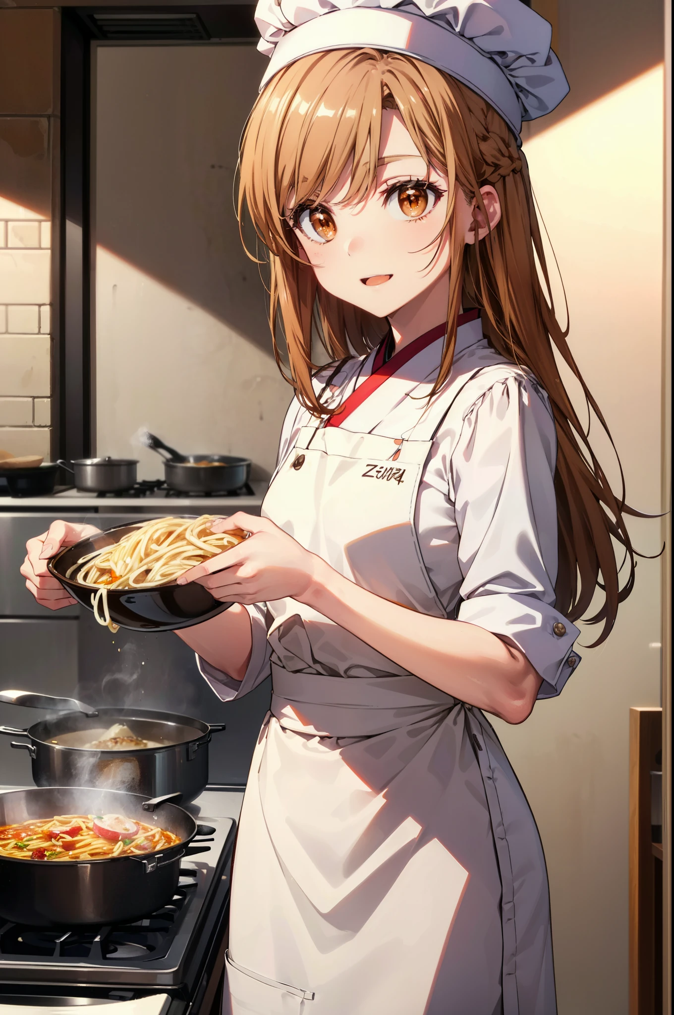 is Ayuki of the Sun, Sun and Yuki, Long Hair, Brown Hair, (Brown eyes:1.8),Medium Chest,happy smile, smile, Open your mouth,chef uniform, chef hat, chef, Zend 4y4, cooking, pot, fire, Pasta Stove, フレームから足が外れている
break indoors, kitchen,
break looking at viewer, (Cowboy Shot:1.5),
break (masterpiece:1.2), highest quality, High resolution, unity 8k wallpaper, (shape:0.8), (Beautiful details:1.6), Highly detailed face, Perfect lighting, Highly detailed CG, (Perfect hands, Perfect Anatomy),