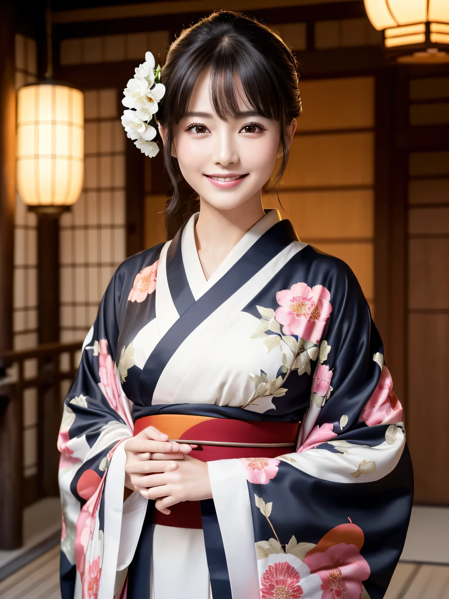 (Super beautiful woman in kimono)、((highest quality、8K masterpiece:1.3))、sharp focus:1.2、(super beautiful face:1.0)、(shiny skin:1.0)、realistic pictures、black hair、video lighting、High resolution eyes and face、video lighting、japanese actress、from the front、with a happy smile、whole body、wearing a kimono、in Kyoto、(luxury obi)
