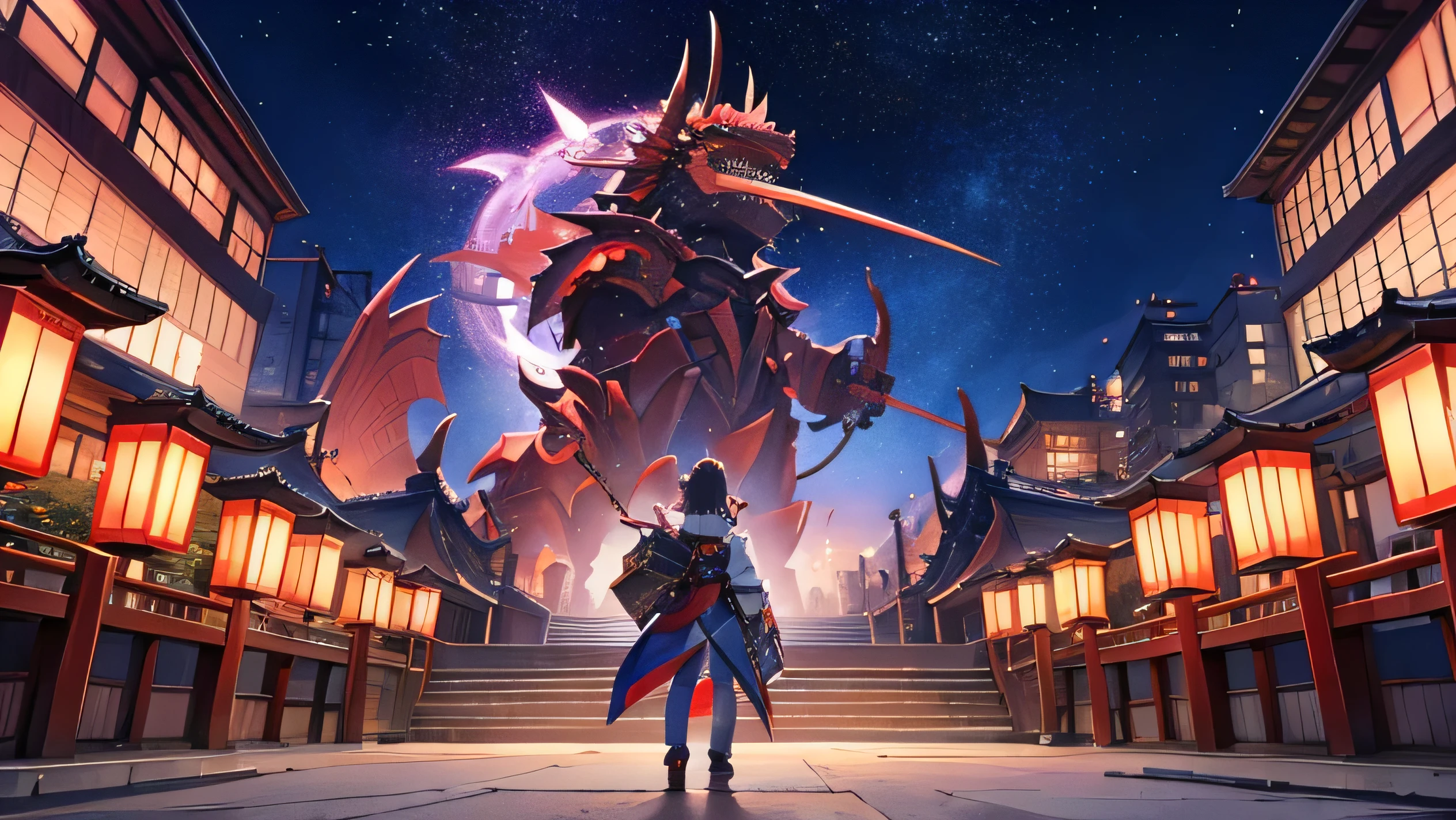 The background is Tokyo、In the middle is a large armored demon holding a shamisen、Vibrant and beautiful、The background is night with the building lights on.、Japanese anime style