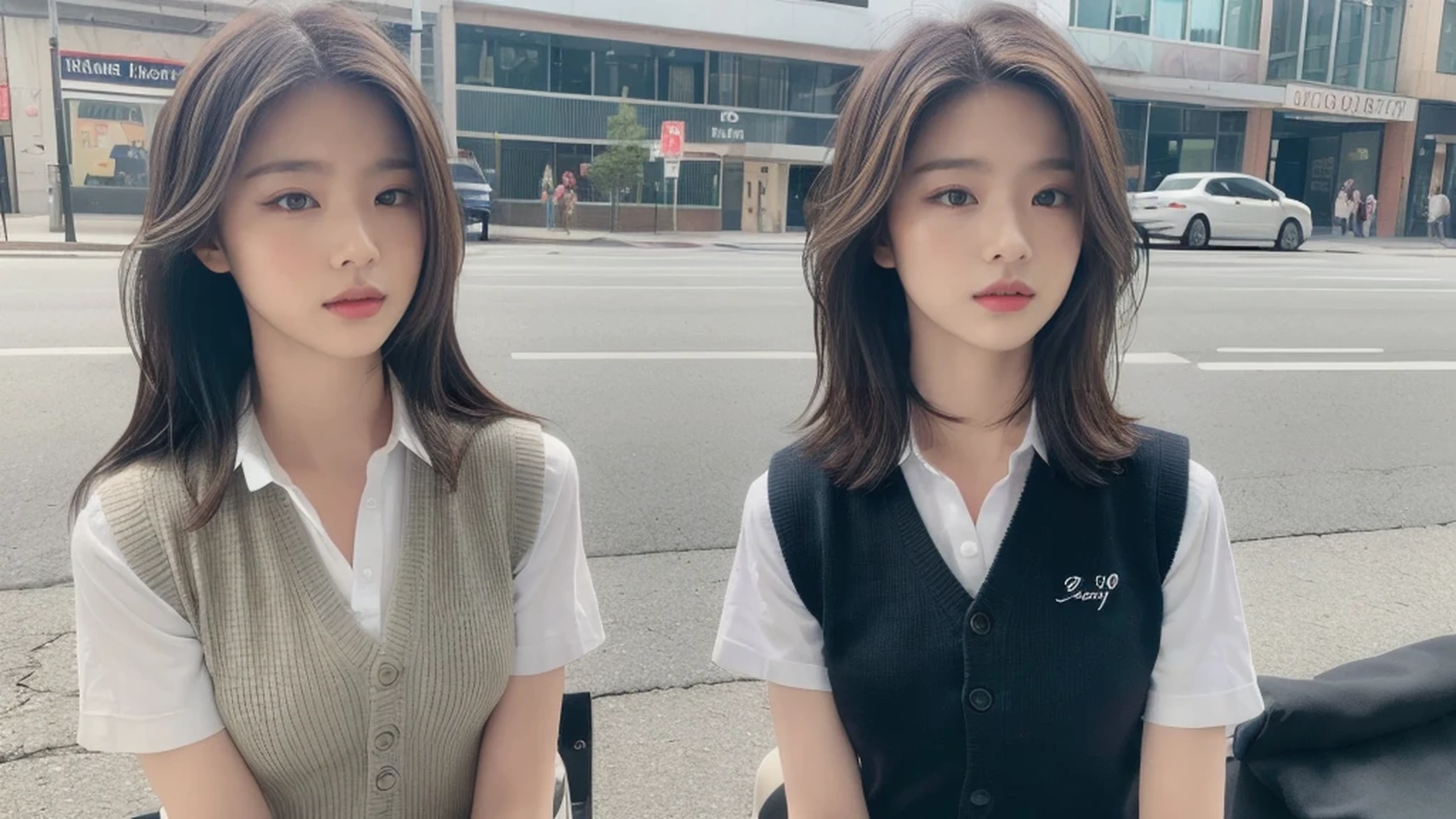 ((best quality, 8k, masterpiece :1.3)), Clear focus:1.2, Perfect body beauty:1.4, Slim abdominal muscles:1.2, ((Layered Hairstyle:1.2)), (Vest Shirt:1.1), (street:1.2), Highly detailed face and skin texture, Beautiful eyes, Double eyelids, Raise your head slightly, Melancholy eyes, Holding a white kitten