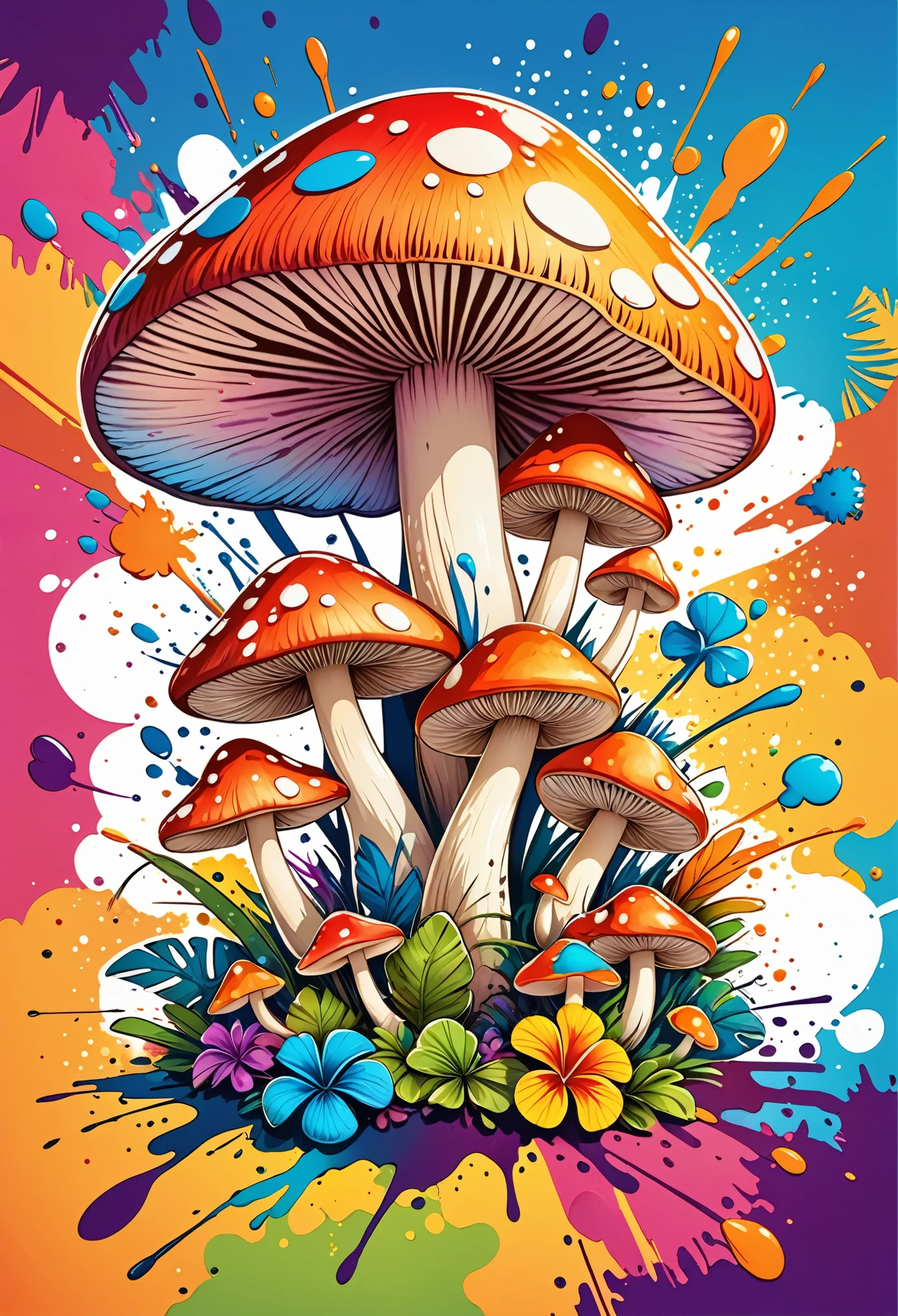 Vector Art, Colorful illustration with mushrooms, In the center, Vibrant colors, Paint splatters and stains, High Detail,Hawaiian style background
