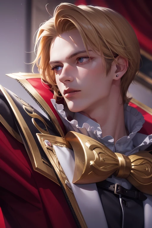 "Attractive profile picture, masterpiece, ultra-precise rendering, beautiful and cool young man, trustworthy, dependable young man, savior of the world, simple design, most beautiful image, 4K, the color of the clothes is the same as the original, red eyes, blonde hair."