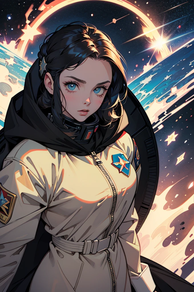 shepardic poster of a woman in a space suit with a star on her head, portrait anime space cadet girl, artgerm jsc, jen bartel, girl in space, soviet propaganda poster style, portrait armored astronaut girl, soviet propaganda art, soviet propaganda style, soviet propaganda, artwork in the style of guweiz, sergey zabelin, cosmonaut