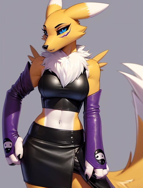 (furry Art, Uploaded On E621:1.4), Masterpiece, (best Quality:1.2), Simple Background, Detailed Image, Colorful, Vibrant Colors, Detailed Face, Perfect Lighting, Perfect Shadows, Perfect Eyes, Girl Focus, Perfect Hair, Blue Eyes, Perfect Face, Medium Breasts, Gorgeous Body, Hourglass Body, Shiny Body, 1girl, Solo, Center Focus, Renamon, Fox Ears, Tattoo, Fox Tail, Facial Mark, Fox Girl, Claws, Furry, Colored Sclera, Furry Female, Black Sclera, Body Fur, White Fur, Yin Yang, Animal Nose, Long Snout, Two-tone Fur, Digimon (creature), Yellow Fur, Upper Body, Cropped Torso, Steaming Body, (one Tail:1.8) (((seductive, Leather Skirt, Leather Sports Bra, Bare Shoulder, Bridal Gauntlets, Sleeves)))