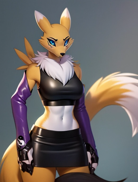 (furry Art, Uploaded On E621:1.4), Masterpiece, (best Quality:1.2), Simple Background, Detailed Image, Colorful, Vibrant Colors, Detailed Face, Perfect Lighting, Perfect Shadows, Perfect Eyes, Girl Focus, Perfect Hair, Blue Eyes, Perfect Face, Medium Breasts, Gorgeous Body, Hourglass Body, Shiny Body, 1girl, Solo, Center Focus, Renamon, Fox Ears, Tattoo, Fox Tail, Facial Mark, Fox Girl, Claws, Furry, Colored Sclera, Furry Female, Black Sclera, Body Fur, White Fur, Yin Yang, Animal Nose, Long Snout, Two-tone Fur, Digimon (creature), Yellow Fur, Upper Body, Cropped Torso, Steaming Body, (one Tail:1.8) (((seductive, Leather Skirt, Leather Sports Bra, Bare Shoulder, Bridal Gauntlets, Sleeves)))