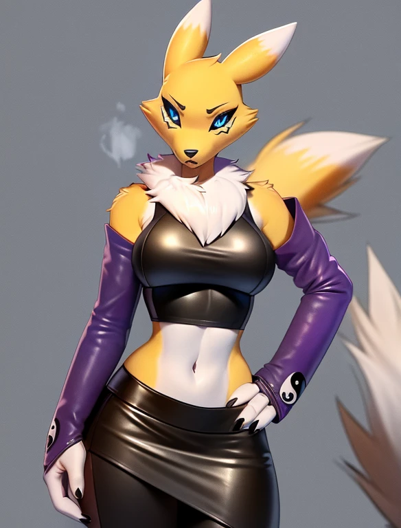 (furry Art, Uploaded On E621:1.4), Masterpiece, (best Quality:1.2), Simple Background, Detailed Image, Colorful, Vibrant Colors, Detailed Face, Perfect Lighting, Perfect Shadows, Perfect Eyes, Girl Focus, Perfect Hair, Blue Eyes, Perfect Face, Medium Breasts, Gorgeous Body, Hourglass Body, Shiny Body, 1girl, Solo, Center Focus, Renamon, Fox Ears, Tattoo, Fox Tail, Facial Mark, Fox Girl, Claws, Furry, Colored Sclera, Furry Female, Black Sclera, Body Fur, White Fur, Yin Yang, Animal Nose, Long Snout, Two-tone Fur, Digimon (creature), Yellow Fur, Upper Body, Cropped Torso, Steaming Body, (one Tail:1.8) (((seductive, Leather Skirt, Leather Sports Bra, Bare Shoulder, Bridal Gauntlets, Sleeves)))