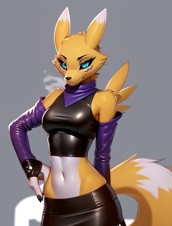 (furry Art, Uploaded On E621:1.4), Masterpiece, (best Quality:1.2), Simple Background, Detailed Image, Colorful, Vibrant Colors, Detailed Face, Perfect Lighting, Perfect Shadows, Perfect Eyes, Girl Focus, Perfect Hair, Blue Eyes, Perfect Face, Medium Breasts, Gorgeous Body, Hourglass Body, Shiny Body, 1girl, Solo, Center Focus, Renamon, Fox Ears, Tattoo, Fox Tail, Facial Mark, Fox Girl, Claws, Furry, Colored Sclera, Furry Female, Black Sclera, Body Fur, White Fur, Yin Yang, Animal Nose, Long Snout, Two-tone Fur, Digimon (creature), Yellow Fur, Upper Body, Cropped Torso, Steaming Body, (one Tail:1.8) (((seductive, Leather Skirt, Leather Sports Bra, Bare Shoulder, Bridal Gauntlets, Sleeves)))