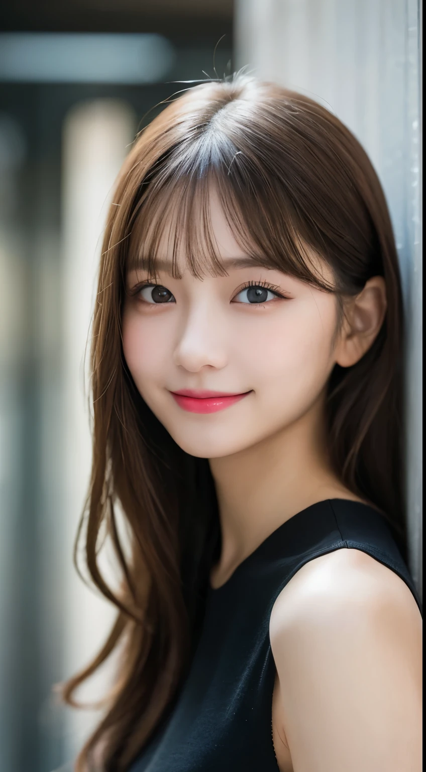 Tabletop, highest quality, shape, Very detailed, finely, High resolution, 8k wallpaper, 完璧なダイナミックな構shape, Beautiful and detailed,ランダムなcute髪,,Natural color lip, Bold  pose,smile、20-year-old girl、cute、Looking at the camera,Always blur the background,Perfect and beautiful face,Slim face and figure,Big eyes、Putting on gal makeup,Small face,Shooting from below、smile,Blurred Background,Elegant feminine face、Cyberpunk Fashion、smile、Real Photo