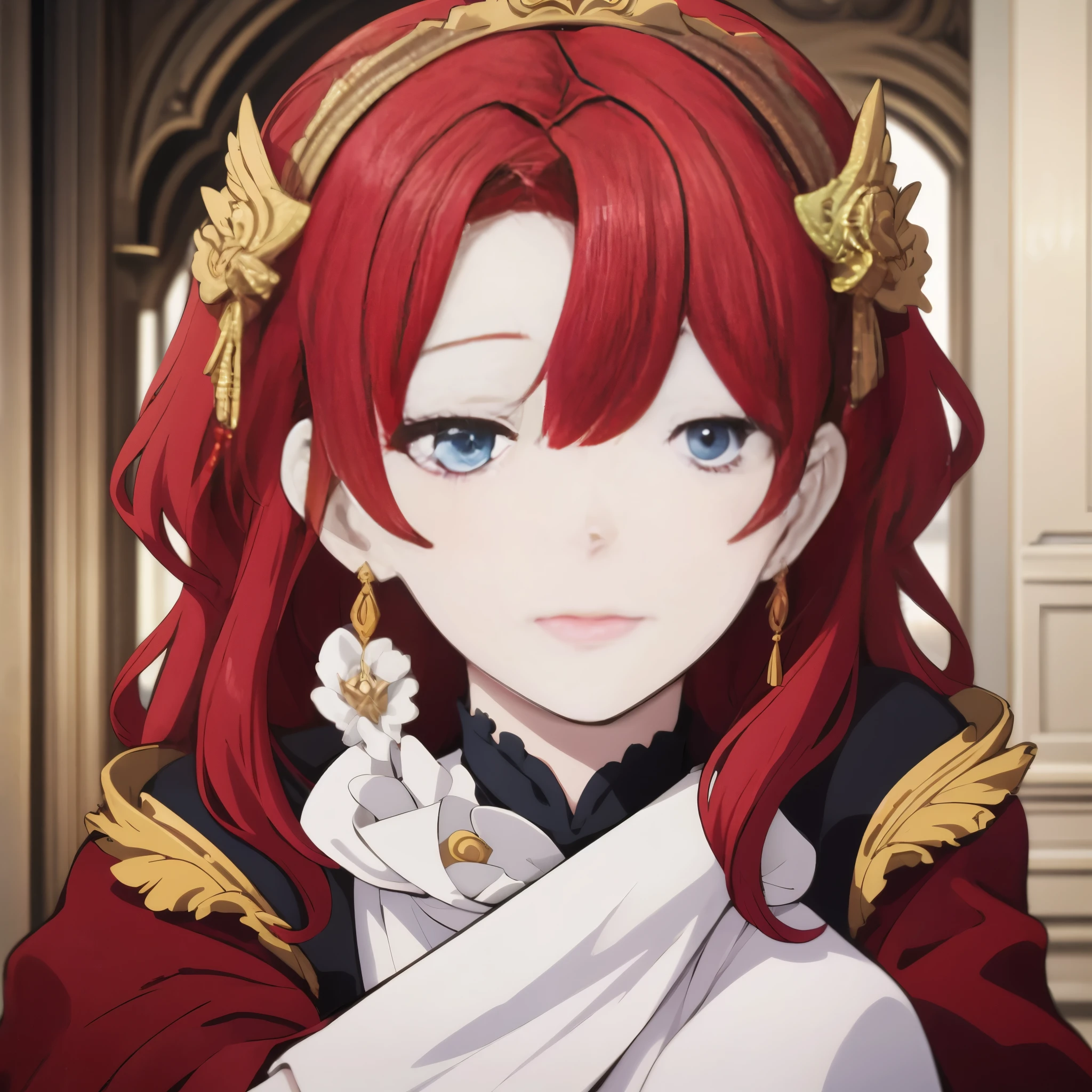 A girl with red hair and blue eyes, wearing noble clothes, with a gentle smile, in a Palace environment. (Eight :1.8) [vibrant colors] [oil painting] [detailed background] [soft lighting] [high resolution] [elegant atmosphere] [beautifully detailed eyes] [beautifully detailed lips] [long eyelashes] hugging a young man with red hair, the young man has closed eyes and royal clothes, pale skin and enviable beauty