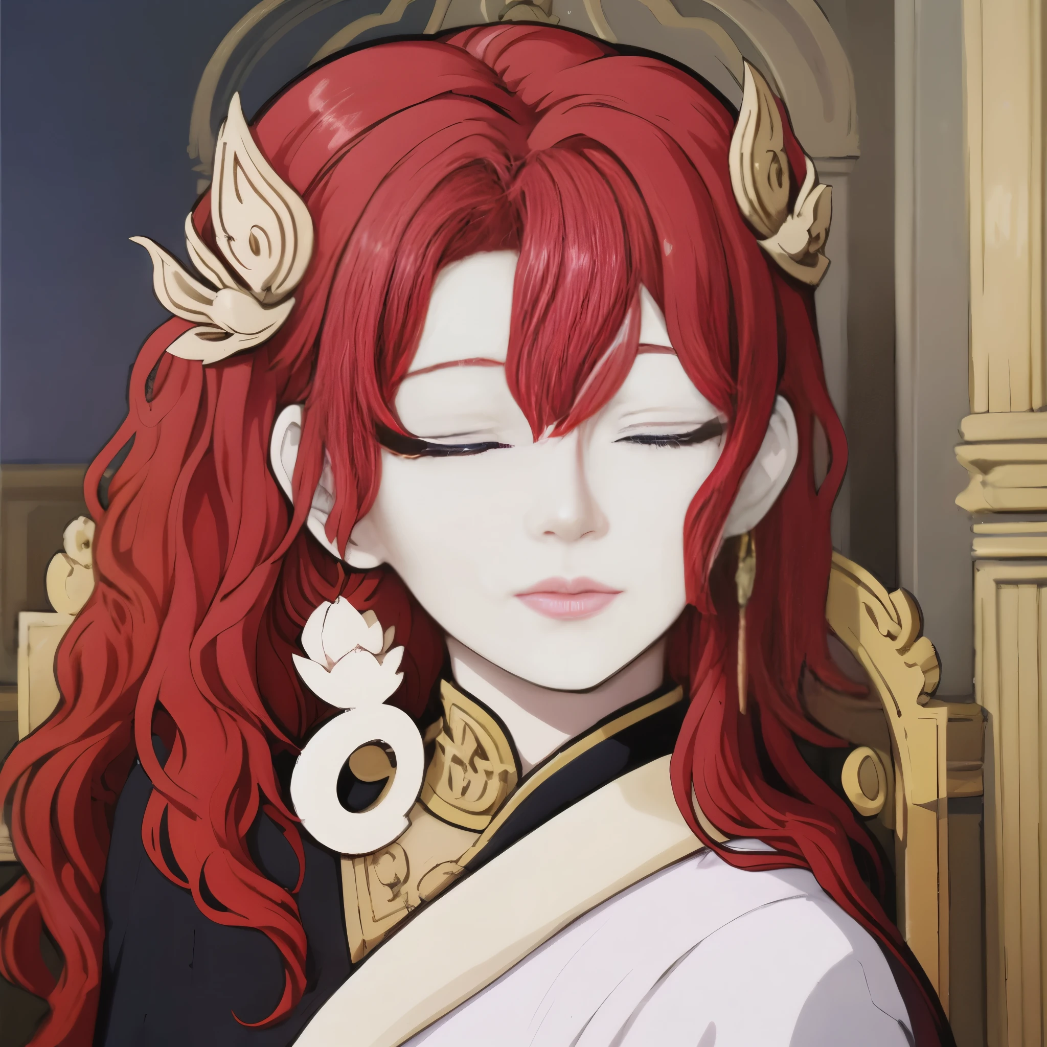 A girl with red hair and blue eyes, wearing noble clothes, with a gentle smile, in a Palace environment. (Eight :1.8) [vibrant colors] [oil painting] [detailed background] [soft lighting] [high resolution] [elegant atmosphere] [beautifully detailed eyes] [beautifully detailed lips] [long eyelashes] hugging a young man with red hair, the young man has closed eyes and royal clothes, pale skin and enviable beauty