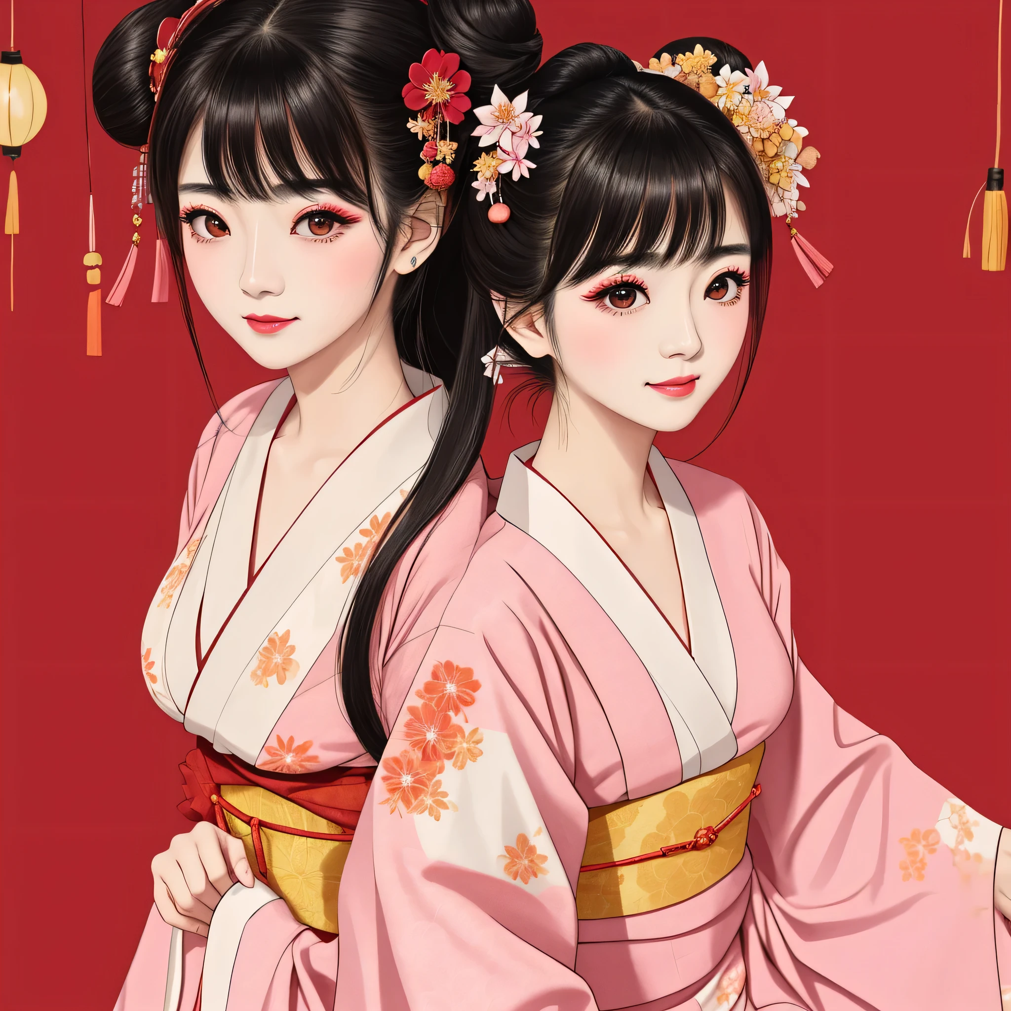 Each has a different expression2People and sisters、(2 girls)、⦅Dancing traditional arts with grace)、((Big Breasts、Small Face、Not exposed))、highest quality、masterpiece、(Black Hair、Bun Hair)、Brown Eyes、⦅Wide angle、Angle from above the waist、Pause on the magazine cover、Their gazes are different, gazing into the distance⦆、(8K High Quality、masterpiece、High resolution、Realistic and beautiful light and shadow、(highest quality)、(High Resolution)、(Very delicate and beautiful)、(Beautiful 8k face)、(With a smile、Beautiful eyes)、(Clear skin)、(Soft hair)、(8Head to Body)、(A Japanese style yukata kimono with red, pink and orange floral patterns on a white background, interspersed with gold powder、Wearing a yukata2Beautiful Japanese girls)、((Tanabata decoration background))、((Small Face))、(arms up)、Thin and small nose、(Red lipstick)、(Make your cheeks red)、(Glossy skin)、((Ink painting style))、Very thin eyebrows、Overall ultra-high image quality、(She is wearing maiko-style makeup.)、Whitening、Long and beautiful eyelashes、Glowing Skin、(Red cheeks),Straight nose、masterpiece、highest quality、whole body、 Eyebrows visible through hair、Bun Hair、Grin、Gal、Gal、Viewer's Eyes、Plaid、Stylish、woman、fine、Pause、
Waiting to start