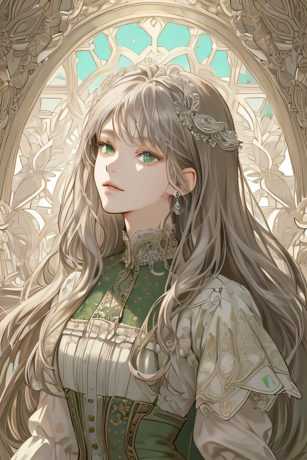 (extreamly delicate and beautiful:1.2), 8K,(masterpiece:1.0),(best_quality:1.0), 1 girl, and intricate detailing, Enlarged textures, and intricate detailing, finely eye and detailed face, and intricate detailing, shiraga, brown long hair, (closed mouths), Perfect eyes, Equal eyes, green eyes (A famale god) with (masterpiece), best quality, with silver long victorian dress