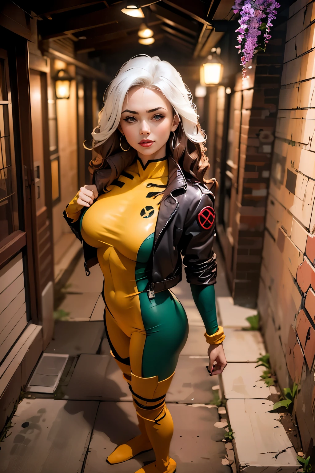(full nude body),rogue from the x-men,beautiful detailed eyes,beautiful detailed lips,extremely detailed eyes and face,longeyelashes,beige and white streaked hair,messy wavy hair,green eyes expressive eyes,pale skin,fierce expression,powerful aura, erotic posture,rogue's signature white streak of hair,powerful energy surging from her nude and tonned body