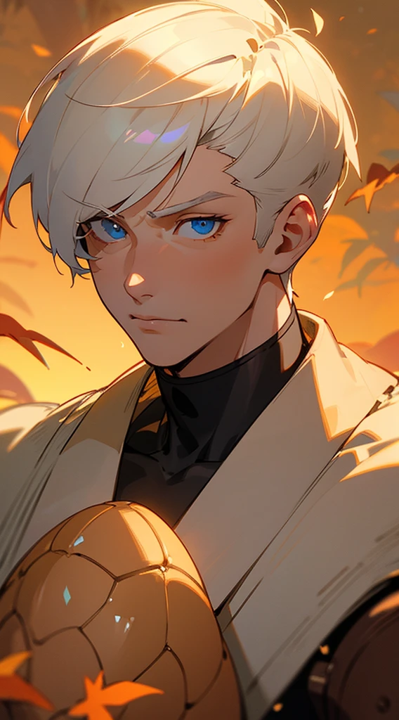 Handsome man , White hair , very Short hair, ((crew cut hair style:1 )) , Blue eyes , light skin , ((muscular:1)),masculine ,age 28,
(masterpiece, best quality:1.3),beautiful detailed glow,best illuminate,(((best quality,textile shading,ultra detailed))),extremely detailed CG unity 8k wallpaper,Highly Detailed beautiful and aesthetic,best light,high resolution,detailed,dynamic lighting , 1Character , pastel washed out colors , cell shade , soft, muted shades ,gentle colors ,
Wearing an orange turtle neck , close up head shot , fall colors , orange brown and leaves in the background, background blur, fall scene,