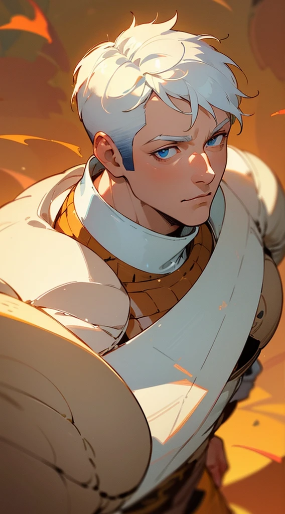 Handsome man , White hair , very Short hair, ((crew cut hair style:1 )) , Blue eyes , light skin , ((muscular:1)),masculine ,age 28,

(masterpiece, best quality:1.3),beautiful detailed glow,best illuminate,(((best quality,textile shading,ultra detailed))),extremely detailed CG unity 8k wallpaper,Highly Detailed beautiful and aesthetic,best light,high resolution,detailed,dynamic lighting , 1Character ,  pastel washed out colors , cell shade , soft, muted shades ,gentle colors ,

Wearing an orange turtle neck , close up head shot , fall colors , orange brown and leaves in the background, background blur, fall scene,