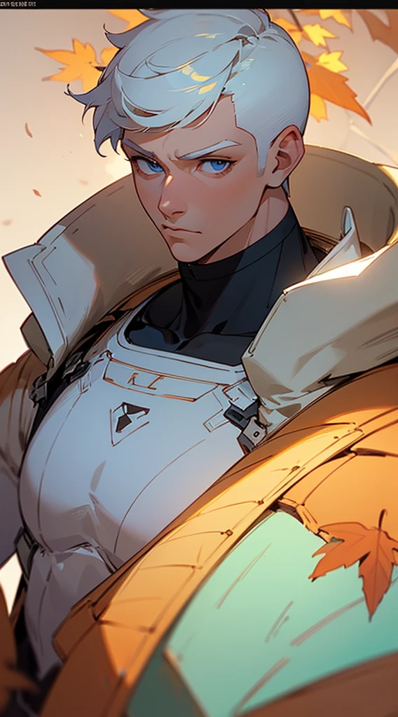Handsome man , White hair , very Short hair, ((crew cut hair style:1 )) , Blue eyes , light skin , ((muscular:1)),masculine ,age 28,

(masterpiece, best quality:1.3),beautiful detailed glow,best illuminate,(((best quality,textile shading,ultra detailed))),extremely detailed CG unity 8k wallpaper,Highly Detailed beautiful and aesthetic,best light,high resolution,detailed,dynamic lighting , 1Character ,  pastel washed out colors , cell shade , soft, muted shades ,gentle colors ,

Wearing an orange turtle neck , close up head shot , fall colors , orange brown and leaves in the background, background blur, fall scene,