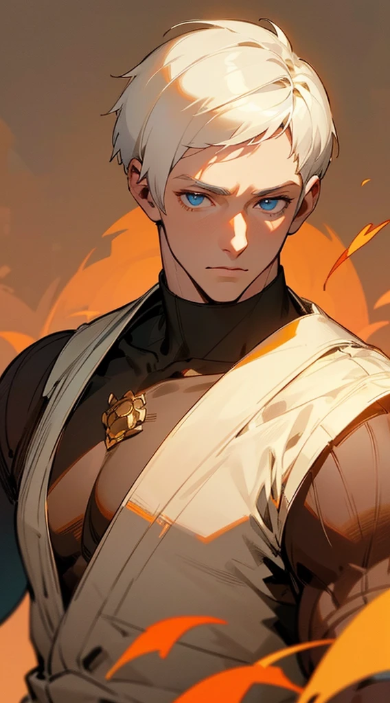 Handsome man , White hair , very Short hair, ((crew cut hair style:1 )) , Blue eyes , light skin , ((muscular:1)),masculine ,age 28,
(masterpiece, best quality:1.3),beautiful detailed glow,best illuminate,(((best quality,textile shading,ultra detailed))),extremely detailed CG unity 8k wallpaper,Highly Detailed beautiful and aesthetic,best light,high resolution,detailed,dynamic lighting , 1Character , pastel washed out colors , cell shade , soft, muted shades ,gentle colors ,
Wearing an orange turtle neck , close up head shot , fall colors , orange brown and leaves in the background, background blur, fall scene,