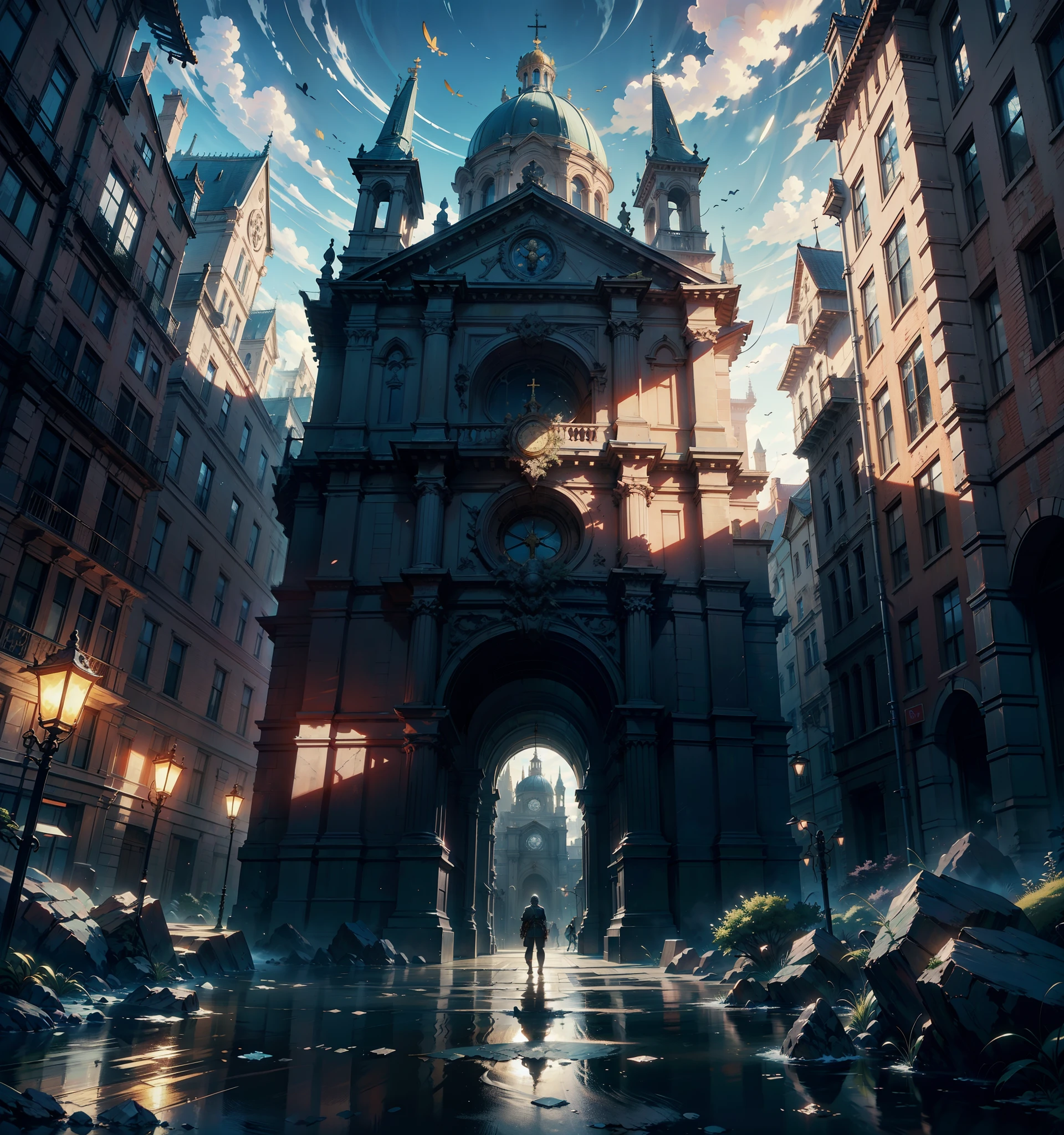 (8K) (Artstation is very detailed), rich in dark details, scene painting, large scenes, epic scenes, rich buildings in the background, and a large Baroque style church in the foreground. Wide angle, fantastic, and colorful