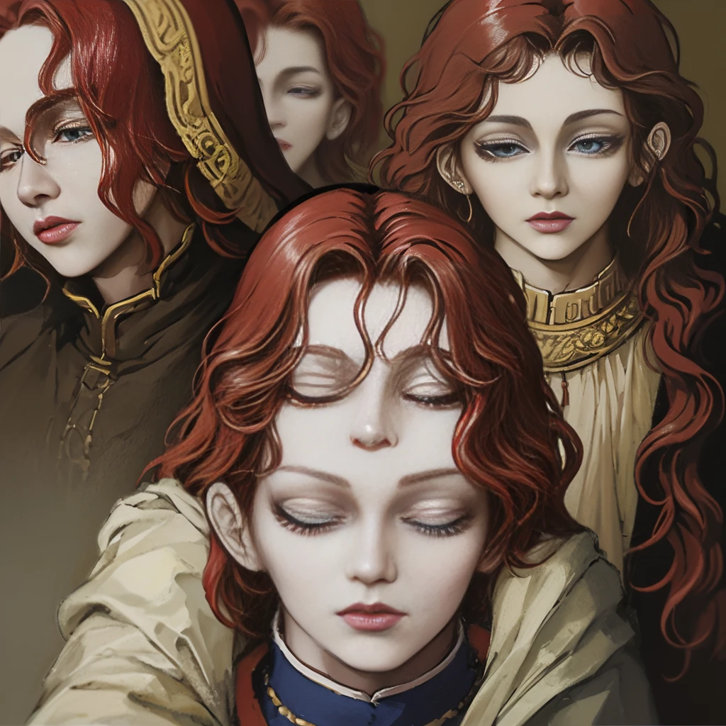 A girl with red hair and blue eyes, wearing noble clothes, with a gentle smile, in a Palace environment. (Eight years:1.8) [vibrant colors] [oil painting] [detailed background] [soft lighting] [high resolution] [elegant atmosphere] [beautifully detailed eyes] [beautifully detailed lips] [long eyelashes] hugging a young man with red hair, the young man has closed eyes and royal clothes, pale skin and enviable beauty