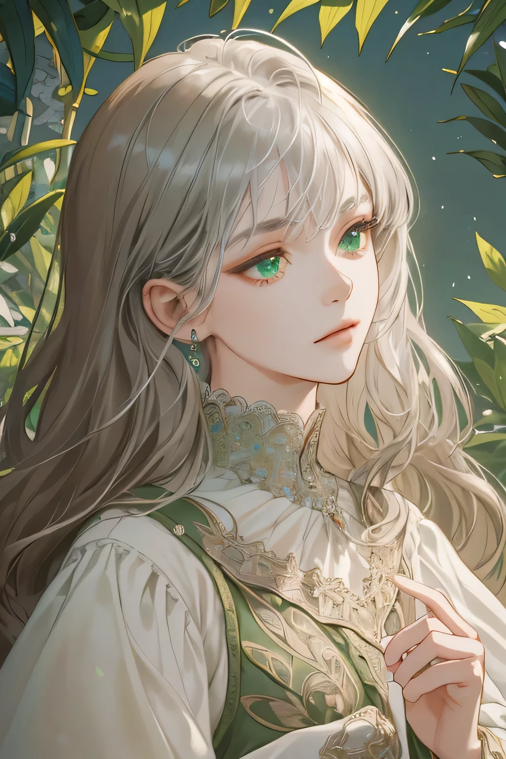 (extreamly delicate and beautiful:1.2), 8K,(masterpiece:1.0),(best_quality:1.0), 1 girl, and intricate detailing, Enlarged textures, and intricate detailing, finely eye and detailed face, and intricate detailing, shiraga, Brown long hair, (closed mouths), Perfect eyes, Equal eyes, green eyes (A famale god) with (masterpiece), best quality, with silver victorian dress