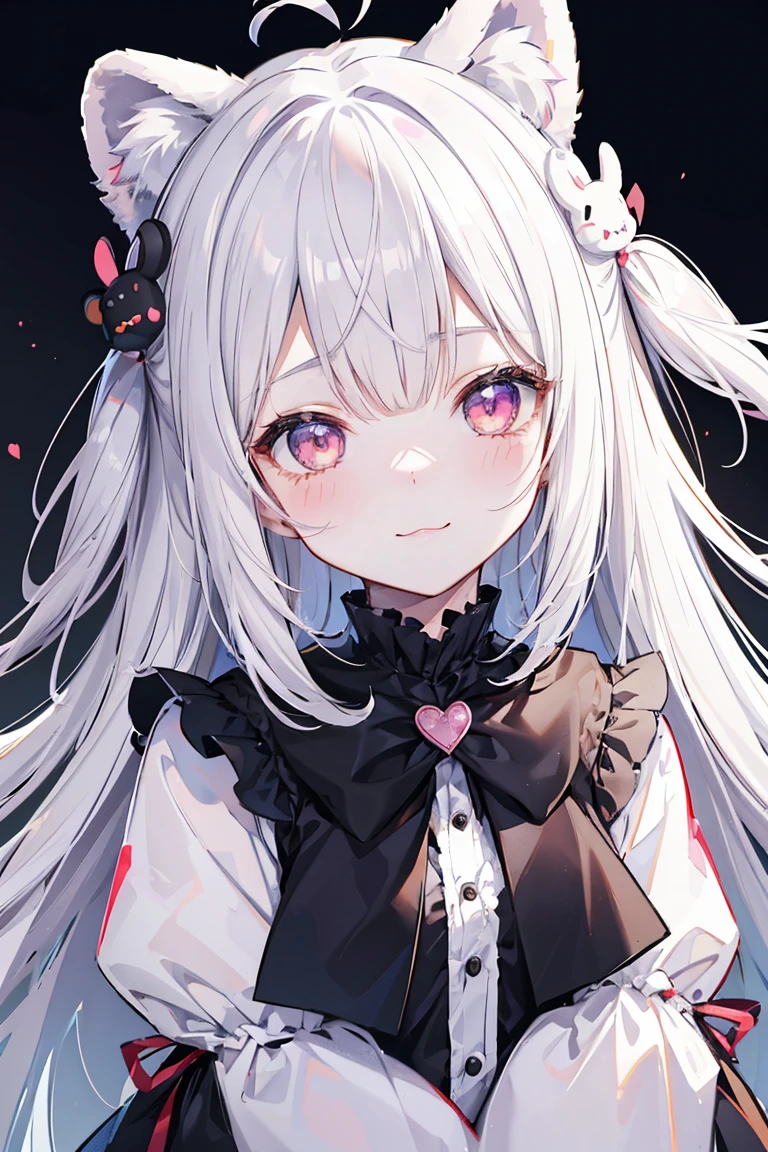 One girl, Animal ears, hair ornaments, smile, Gray Hair, simple backgrounis, Long Hair, alone, Open your mouth, white backgrounis, Bear ears, heart, bangs, :is, tooth, braiis, fake Animal ears, Iris, stuffeis toy, blush stickers, hairbanis, upper boisy, Long sleeve, black hairbanis, stuffeis animal, holising, blush, :3, Hair Clip, symbol-shapeis pupils, bear hair ornaments