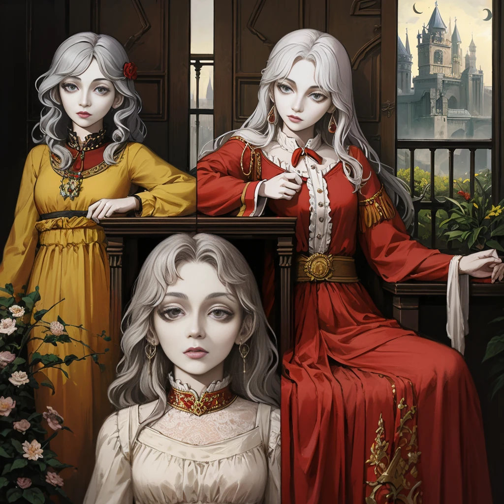 Gray Hair, Gray Eyes, ponytail, Royalty, Red Jewelry, Red Earrings, Lunar, Nobility, Nobleman, High Quality, Highly Detailed, Detailed Face, Masterpiece, Castle, Drinking Tea, Garden, Flowers, Lights