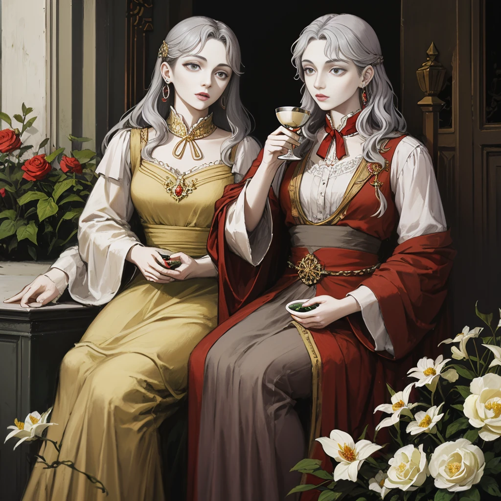 Gray Hair, Gray Eyes, ponytail, Royalty, Red Jewelry, Red Earrings, Lunar, Nobility, Nobleman, High Quality, Highly Detailed, Detailed Face, Masterpiece, Castle, Drinking Tea, Garden, Flowers, Lights