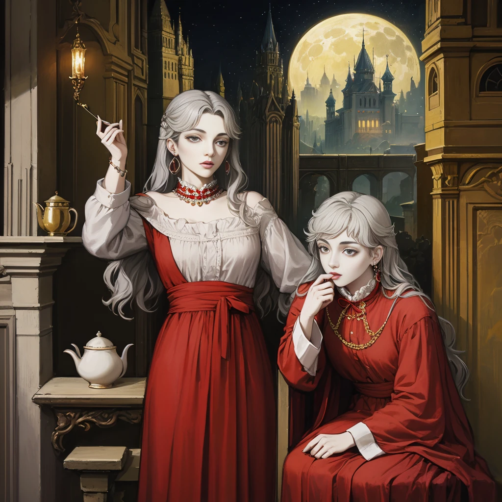 Gray Hair, Gray Eyes, ponytail, Royalty, Red Jewelry, Red Earrings, Lunar, Nobility, Nobleman, High Quality, Highly Detailed, Detailed Face, Masterpiece, Castle, Drinking Tea, Garden, Flowers, Lights