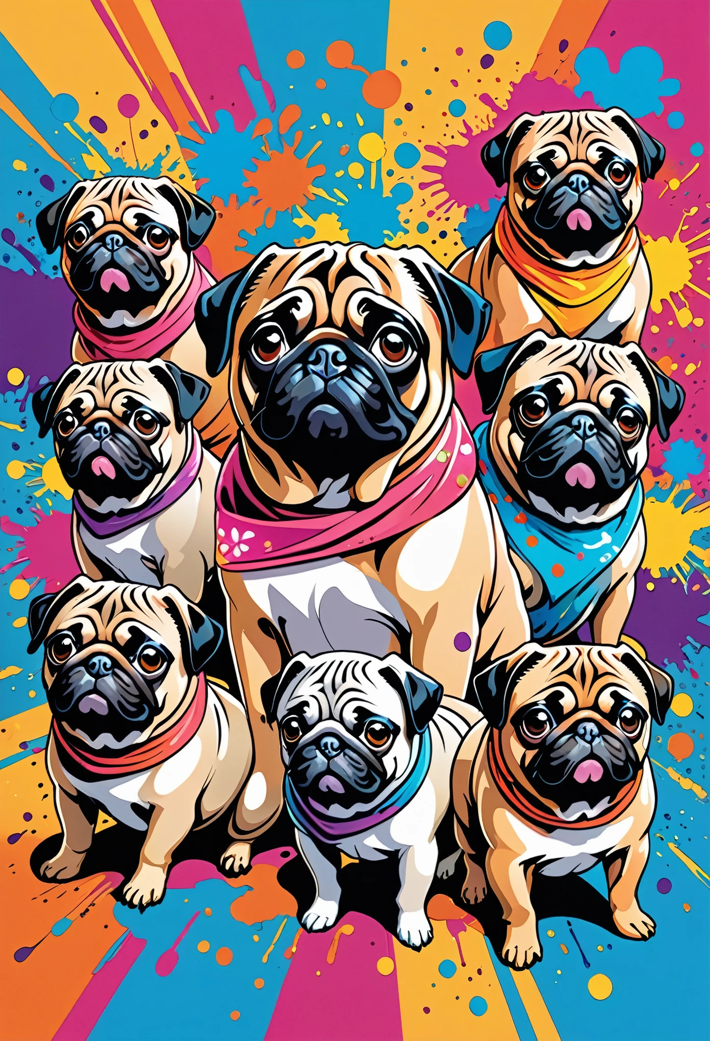 Vector Art, Colorful illustration with lots of pugs, In the center, Vibrant colors, Paint splatters and stains, High Detail,Hawaiian style background
