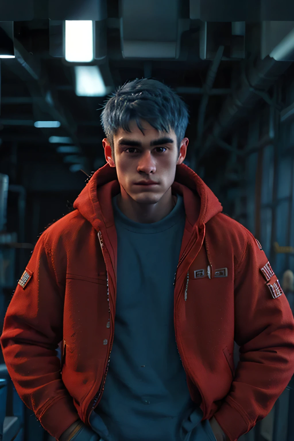 MF_8020, 25 year old man, blue hair, red jacket, looking at the camera, Front view hands in his pockets, looking at the camera