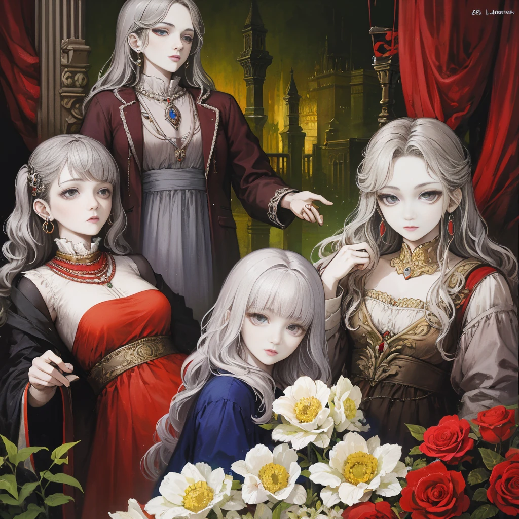 Gray Hair, Gray Eyes, ponytail, Royalty, Red Jewelry, Red Earrings, Lunar, Nobility, Nobleman, High Quality, Highly Detailed, Detailed Face, Masterpiece, Castle, Drinking Tea, Garden, Flowers, Lights