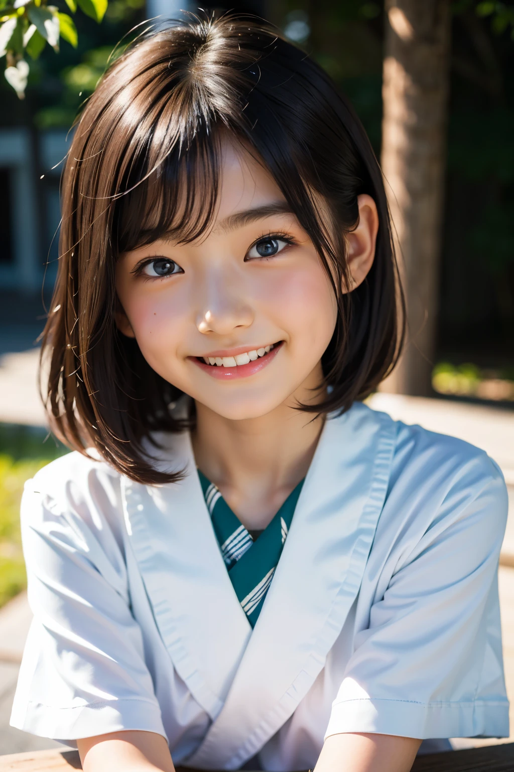 lens: 135mm f1.8, (highest quality),(RAW Photos), (Tabletop:1.1), (Beautiful 7 year old Japanese girl), Cute face, (Deeply chiseled face:0.7), (freckles:0.4), dappled sunlight, Dramatic lighting, (Japanese School Uniform), (On campus), shy, (Close-up shot:1.2), (smile),, (Sparkling eyes)、(sunlight)