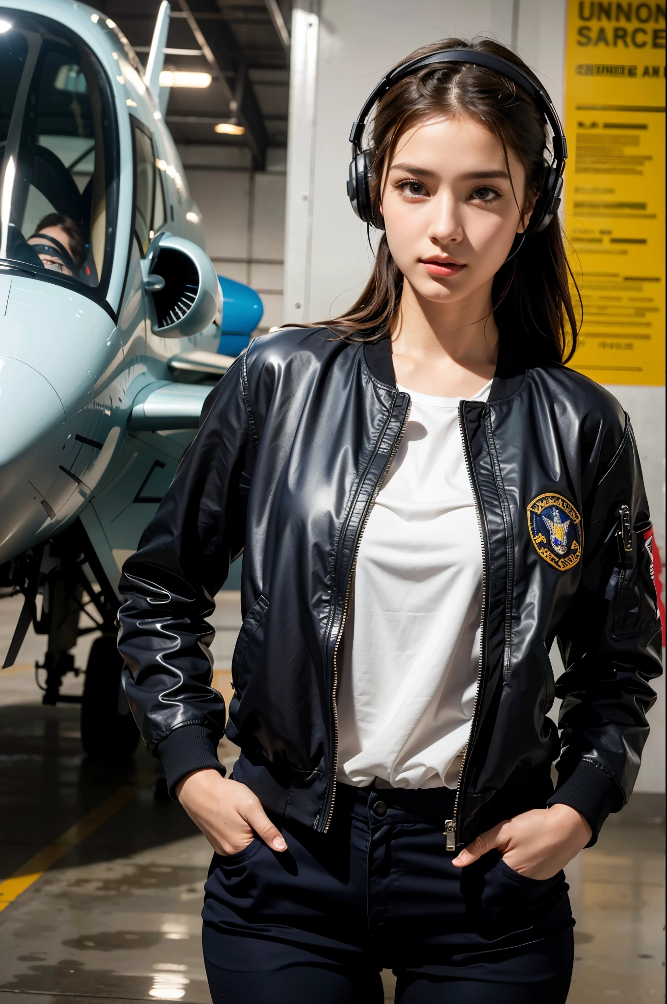 Best quality, ((professional photograph, Realistic RAW photo)), intricate composition, an extremely delicate and beautiful, ultra high res, professional lighting and shading, (Realistic image of a extremely pretty female Aircraft mechanic, solo), Inside a spacious Aircraft hangar, Vintage airplanes of the World War II era line the background, (Wearing a MA-1 Flight Jacket), (Wearing a headset), (wearing short pants), parted lips, very professional mechanic, ((extremely beautiful depiction of the eyes and face)), ((insanely beautiful natural skin texture)), Accurate eyes, Accurate five fingers, Well-balanced overall body