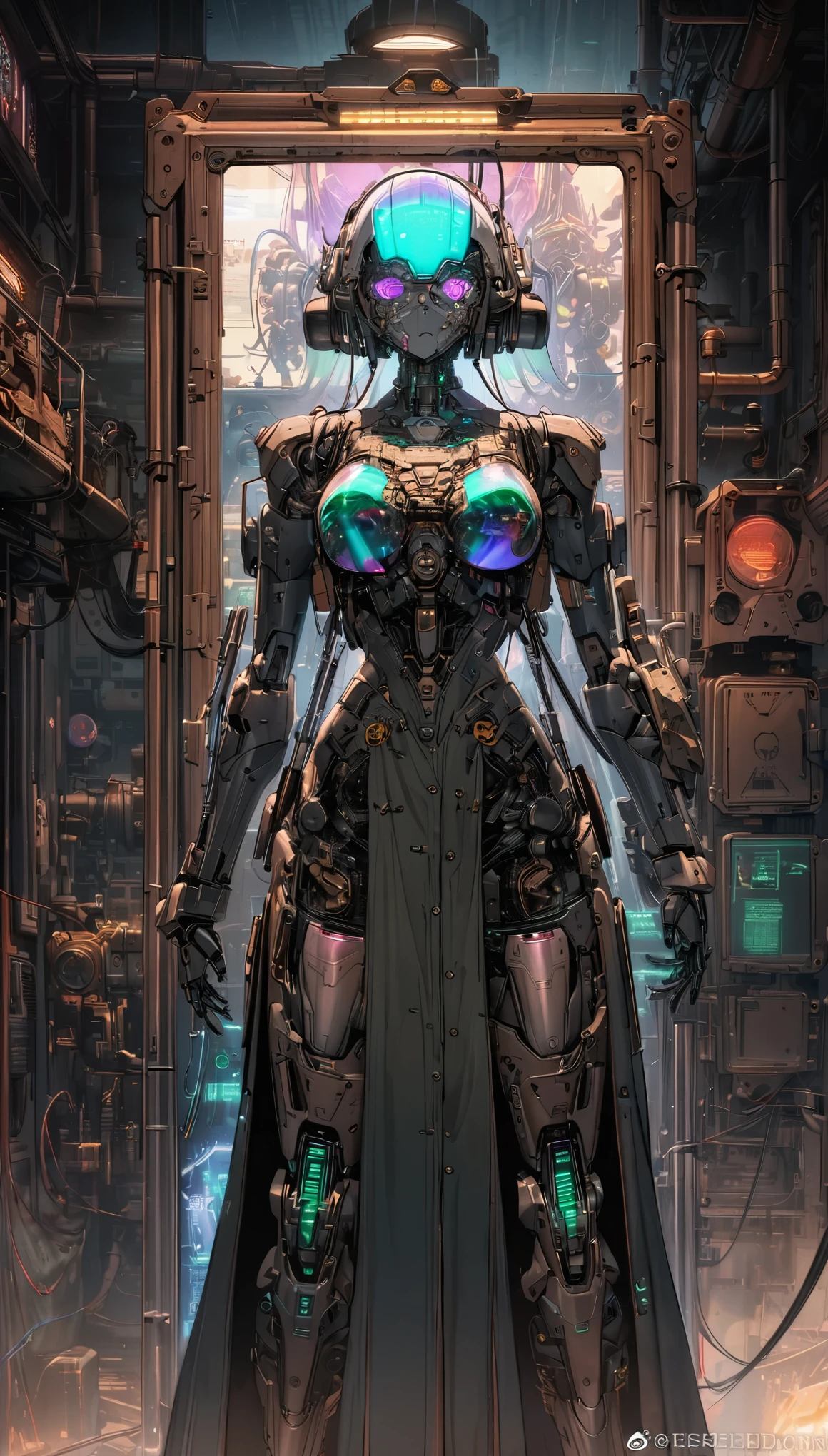 best quality, super fine, 16k, incredibly absurdres, extremely detailed, delicate and dynamic, beautiful female android mecha robot, transparent translucent anatomy of android mecha robot, iridescent neon colors wiring diagram and LED all over the face and body, picture frame and background that mixes and fuses steampunk, dieselpunk, and clockpunk, background analyzer room