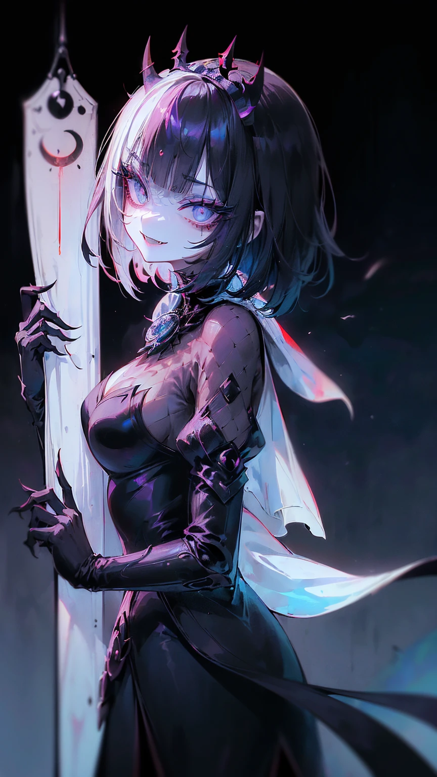 ((4K works))、​masterpiece、(top-quality)、((One Beautiful Villain Girl))、Slim body、tall、((Villain Black Dress Fashion))、(Detailed beautiful eyes)、Assembly hall、Meeting of villains、((Face similar to Carly Rae Jepsen))、((Long boyish black and white split hair))、((Smaller face))、((Neutral face))、((Bright blue eyes))、((American adult women))、((Adult female 26 years old))、((cool lady))、((Like a celebrity))、((Like the villain queen))、((The expression showing his fangs and smiling))、((Korean Makeup))、((Villain Queen Makeup))、((elongated and sharp eyes))、((boyish))、((Villain Queen))、((Photograph her from afar))、((Shot diagonally from the side))、Professional Photos、Villain Queen photo、villain pose、((Shot alone))