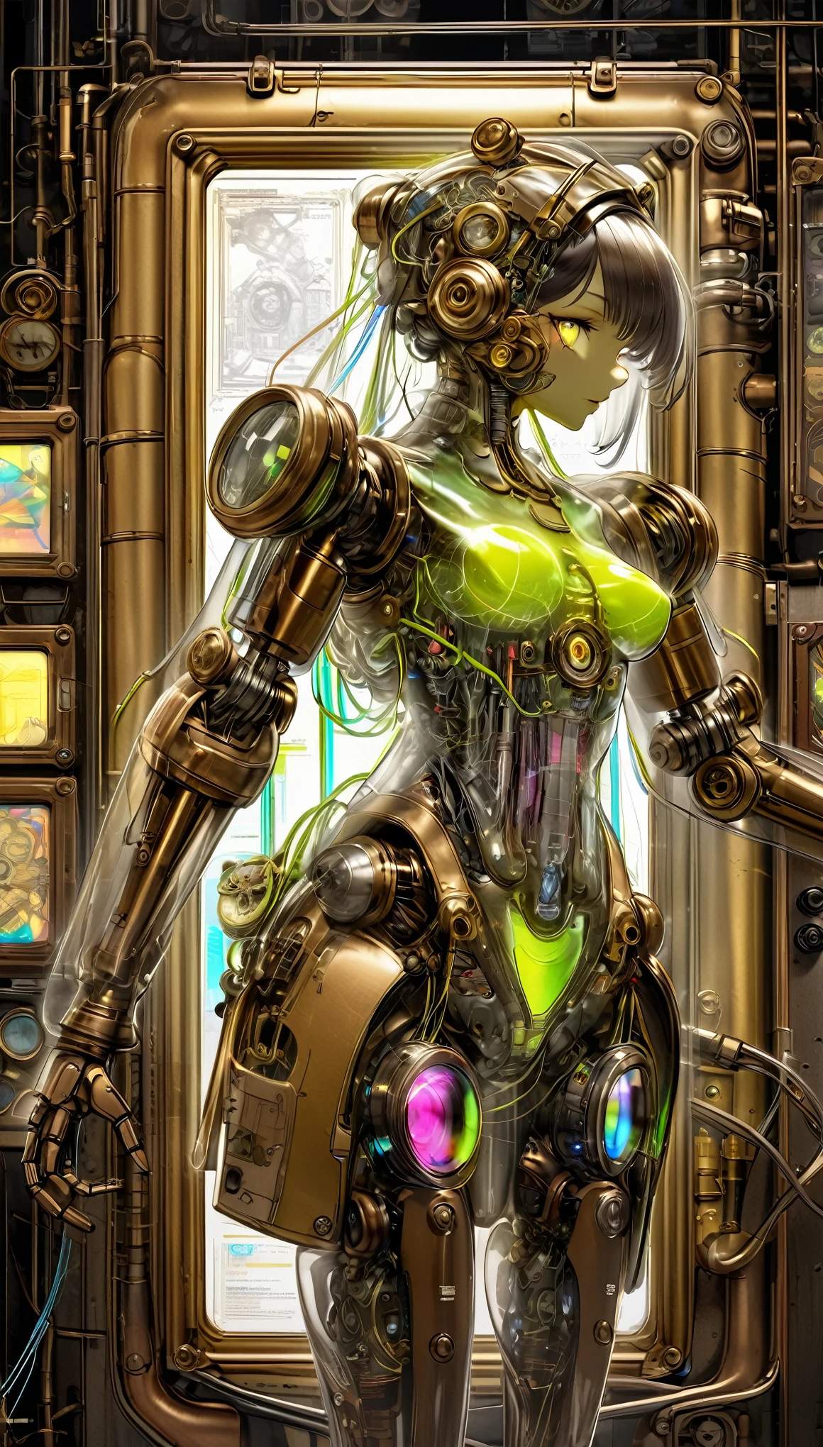 best quality, super fine, 16k, incredibly absurdres, extremely detailed, delicate and dynamic, beautiful female android mecha robot, transparent translucent anatomy of android mecha robot, iridescent neon colors wiring diagram and LED all over the face and body, picture frame and background that mixes and fuses steampunk, dieselpunk, and clockpunk, background analyzer room