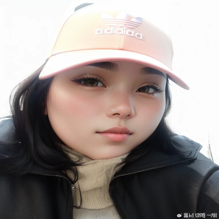 Alafiid woman wearing a pink Adidas hat,Wearing a black jacket, Wearing a baseball cap, without make-up, Wearing a cute hat, wearing a baseball hat, Young and cute Korean face, Round Face, wearing a baseball hat, Narrow nose, Round cheeks, korean symmetrical face, Korean facial features, Wear a hat, She is wearing a hat, The face is illuminated