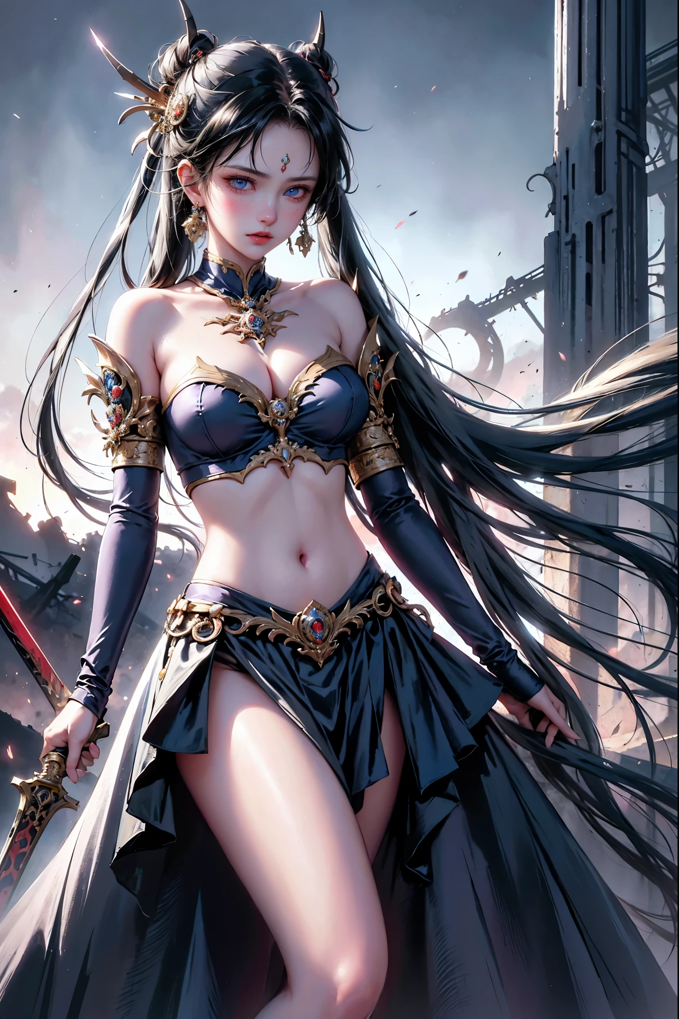 In this captivating and dark fantasy scene, a mysterious and seductive girl stands triumphantly amidst the chaos of a desolate battlefield. Surrounded by corpses and debris, she confidently wields two swords, her piercing blue eyes locked onto an unseen target. Her striking features are accentuated by her wavy messy bob, full lips, black eyeshadow, freckles, and multiple tattoos. With her vibrant colors and detailed features, this stunning image seamlessly blends alluring beauty with brutal violence, evoking a dark fantasy vibe reminiscent of anime.