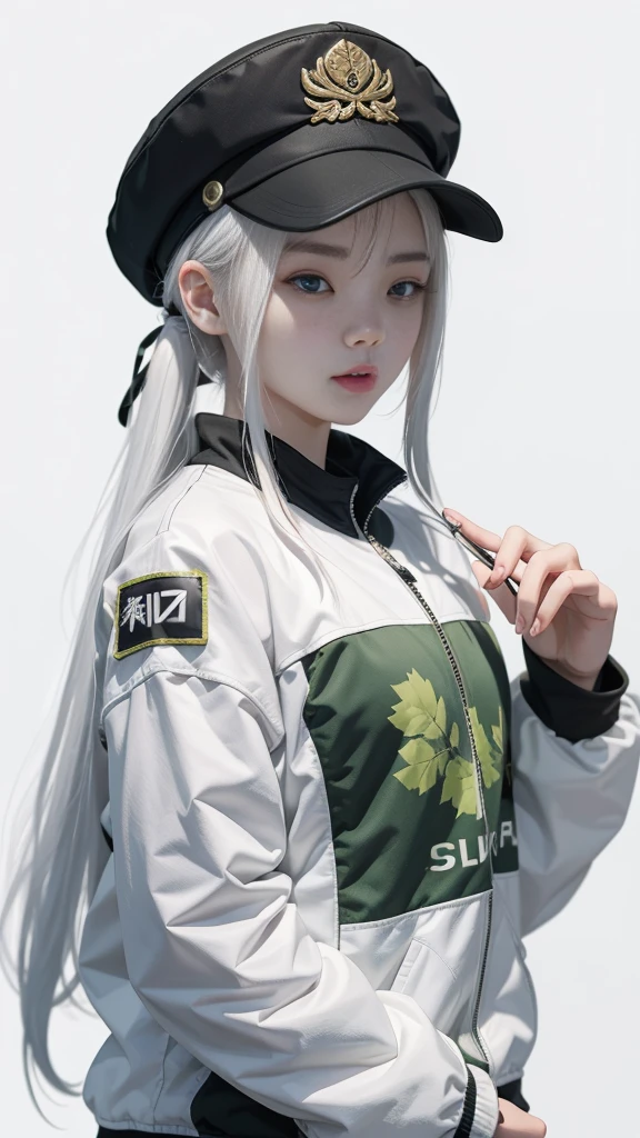 An 18 year old Chinese teenager girl, white hair, wearing a cool t-shirt and jacket with variations of black and green, wearing a hat, white background.