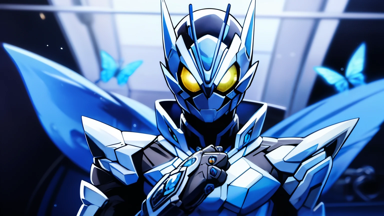 kamen rider, black armor, blue hue, blue eyes, butterfly motif, black hole motif, futuristic, visual novel cg style, BREAK looking at viewer, BREAK (masterpiece:1.2), best quality, high resolution, unity' 8k wallpaper, (illustration:0.8), (beautiful detailed eyes:1.6), extremely detailed face, perfect lighting, extremely detailed CG, (perfect hands, perfect anatomy)